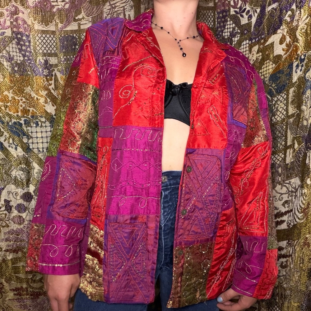 VTG Silk Patchwork Beaded Embroidered Whimsigoth Witchy Boho Button Up Blazer